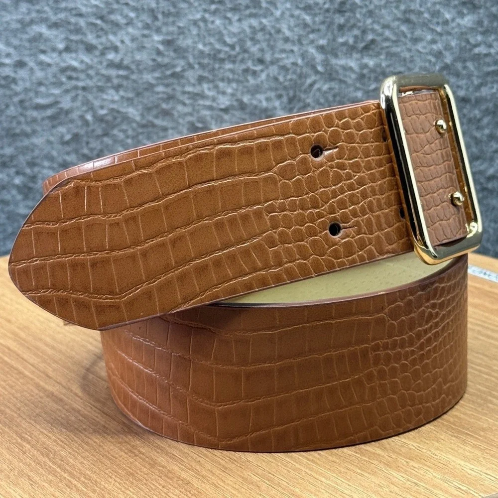 Target Womens Brown‎ Crocodile Embossed Faux Leather Belt Gold Buckle Size S